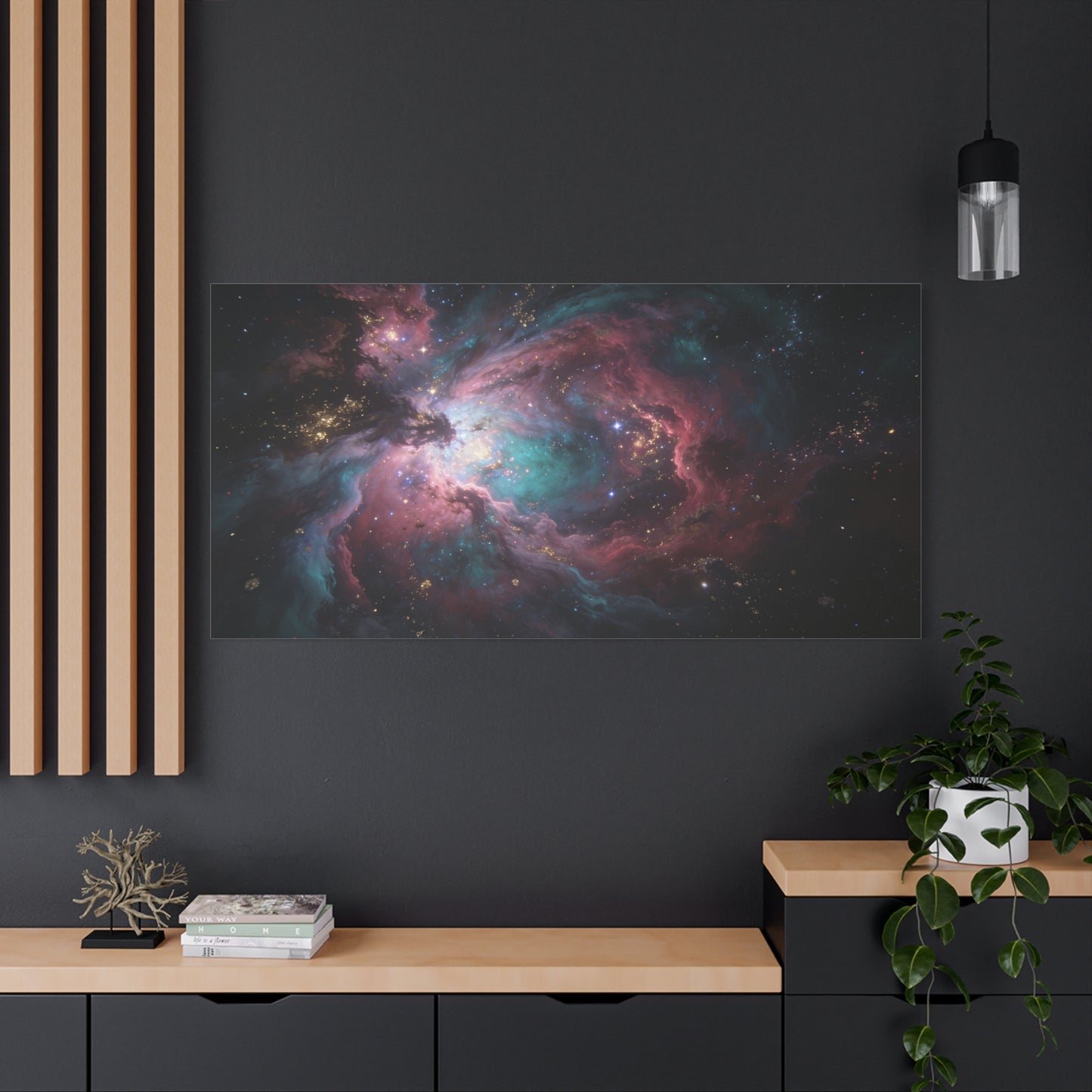 Cosmic Nebula Canvas Wall Art - Abstract Galaxy Space Cloud Canvas Print - Teal Pink Gold Celestial Swirl - Contemporary Panoramic Wall Decor - Living Room Bedroom Office Accent - Ready to Hang