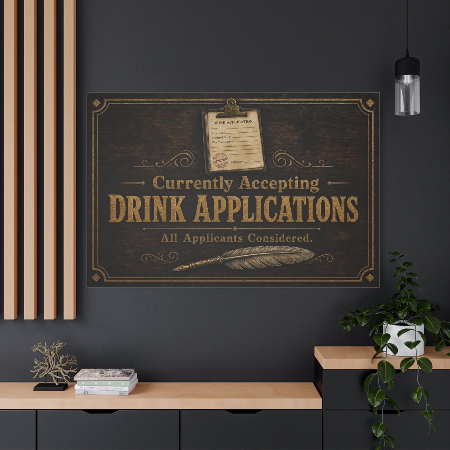 "Currently Accepting Drink Applications" Funny Canvas Wall Art - Vintage Bar Sign Quote, Rustic Brown Typography Decor - Humorous Pub Wall Hanging - Cocktail Lounge Decor - Speakeasy Style Sign