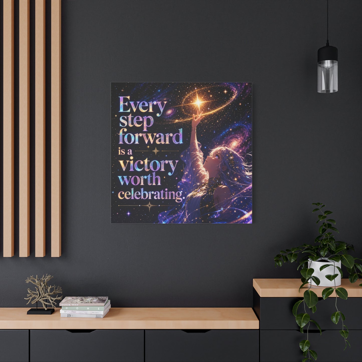 "Every Step Forward Is A Victory Worth Celebrating" Inspirational Canvas Wall Art - Cosmic Anime Girl Galaxy Quote Print - Celestial Purple Blue Decor - Bedroom Home Decoration - Office Wall Art
