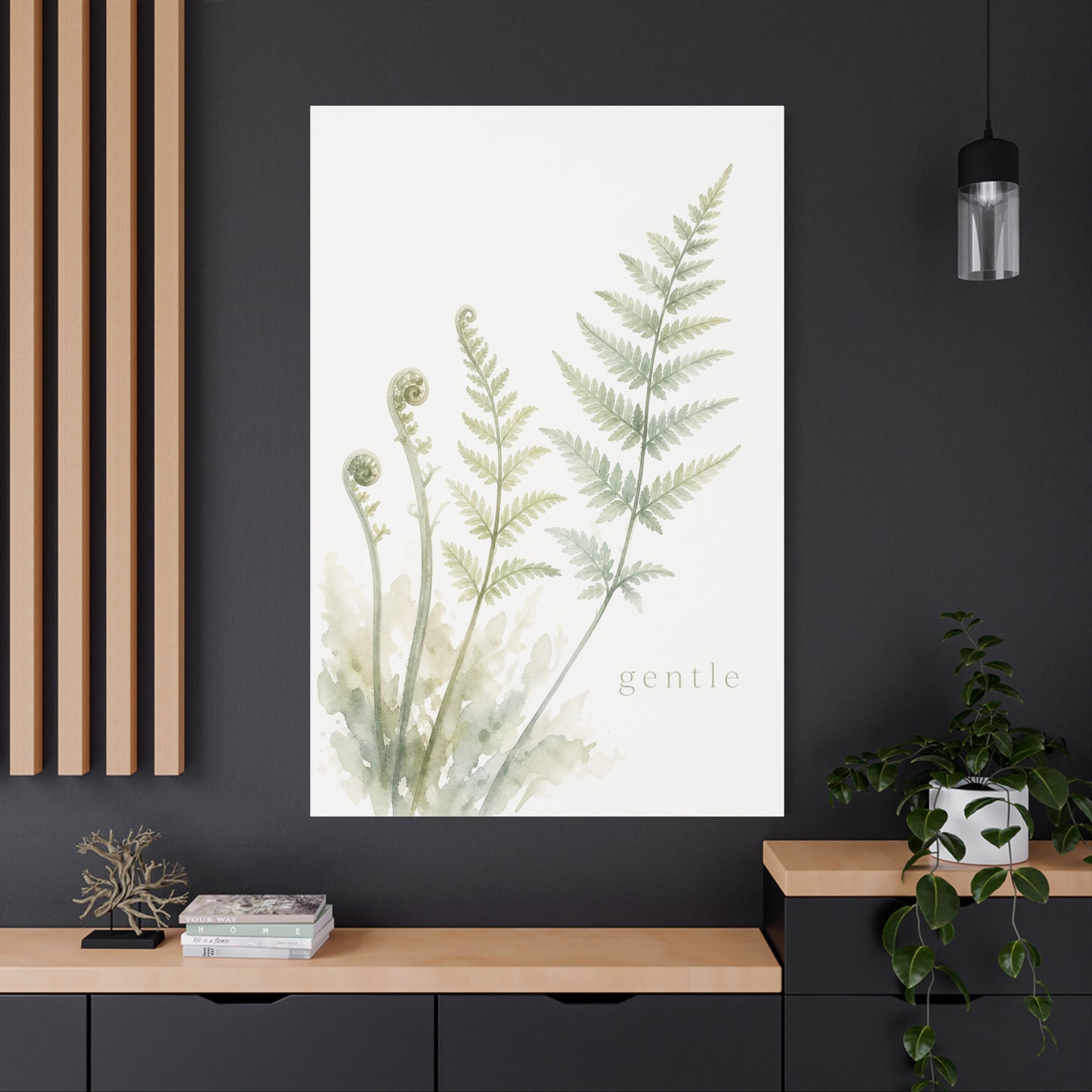 "Gentle" Fern Botanical Canvas Wall Art - Watercolor Green Leaf Print, Minimalist Nature Decor - Calming Bedroom Wall Decor, Bathroom Decoration, Spa Style Home Accent - Bedroom Home Decoration
