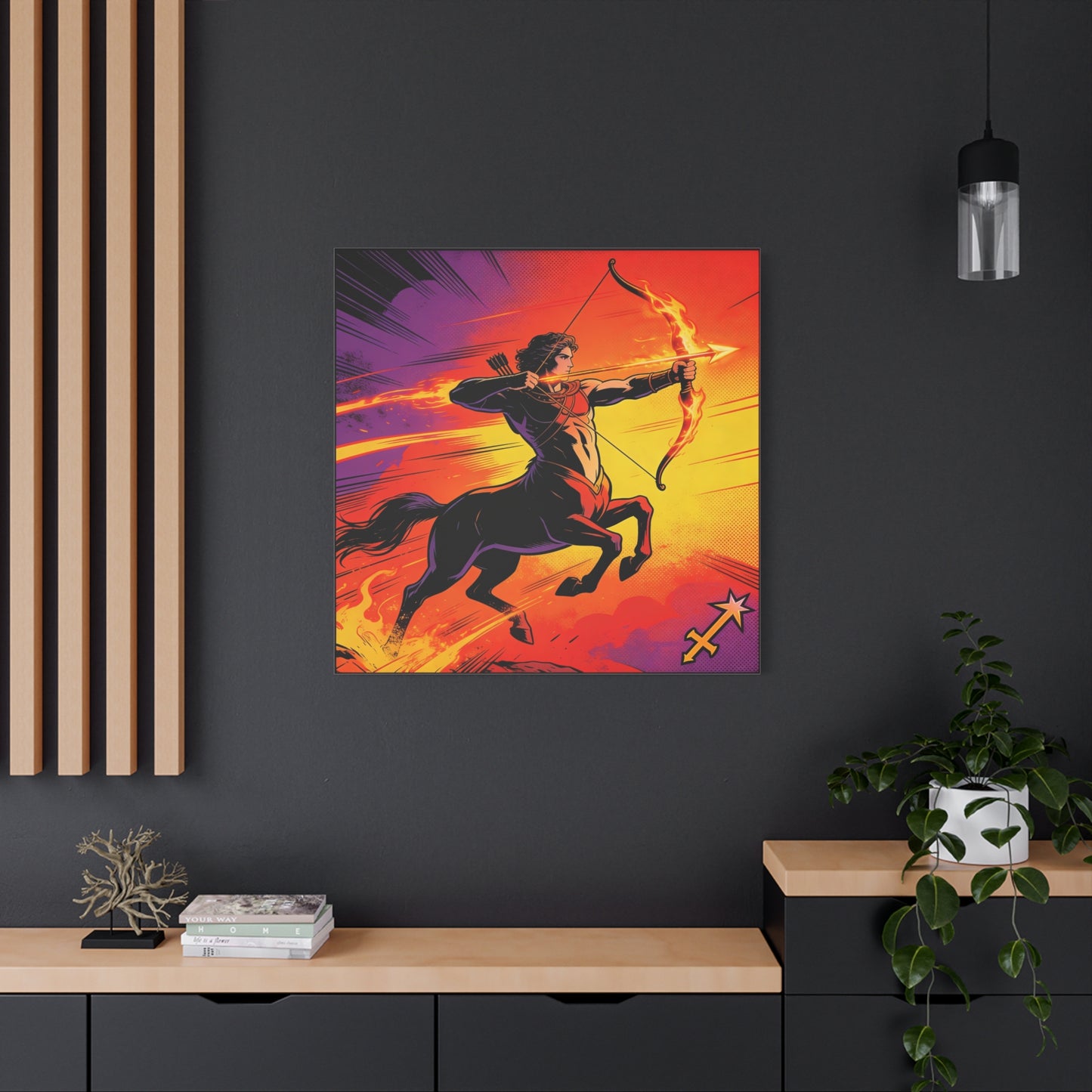 Sagittarius Centaur Archer Canvas Wall Art - Fiery Zodiac Illustration, Bold Mythology Decor - Matte Canvas Print, Modern Pop Art Style - Bedroom Home Decoration, Office Wall Decor - Ready to Hang
