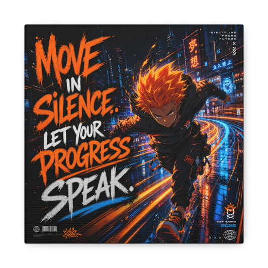 "Move In Silence Let Your Progress Speak" Anime Canvas Wall Art - Cyberpunk Runner Motivational Quote Print, Neon City Street Illustration - Teen Bedroom Decor, Home Office Accent - Office Wall Art