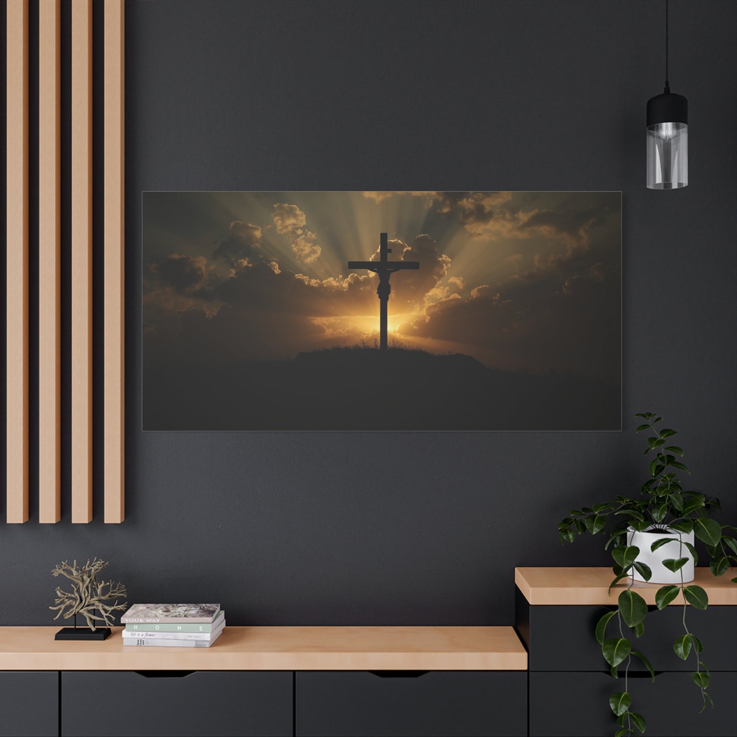 Jesus Christ Crucifix Canvas Wall Art - Sunset Cross Silhouette, Golden Sky Rays - Matte Cotton Print - Religious Christian Decor For Living Room, Bedroom, Office Wall Display - Modern Farmhouse Style