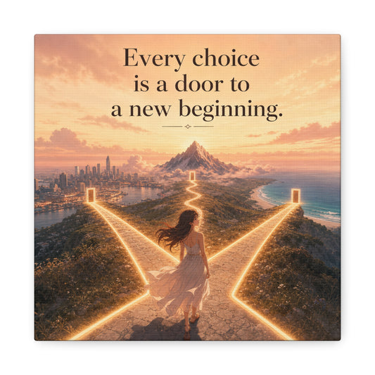 "Every Choice Is A Door To A New Beginning." Inspirational Canvas Wall Art - Woman At Glowing Crossroads Path, Mountain And Coast Dreamscape - Modern Typography Decor For Bedroom Office