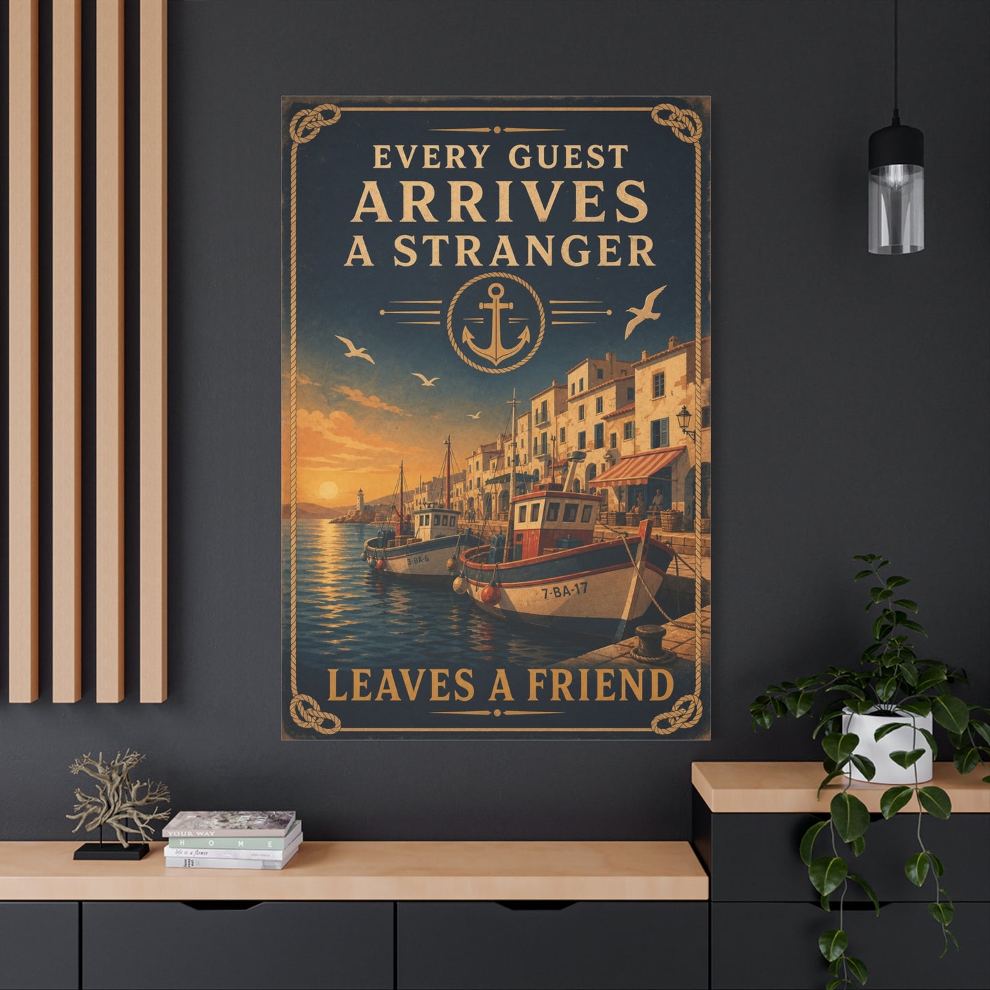 "Every Guest Arrives A Stranger Leaves A Friend" Nautical Canvas Wall Art - Vintage Harbor Sunset, Coastal Typography Print, Anchor Sailor Decor, Living Room Wall Decor - Bedroom Home Decoration