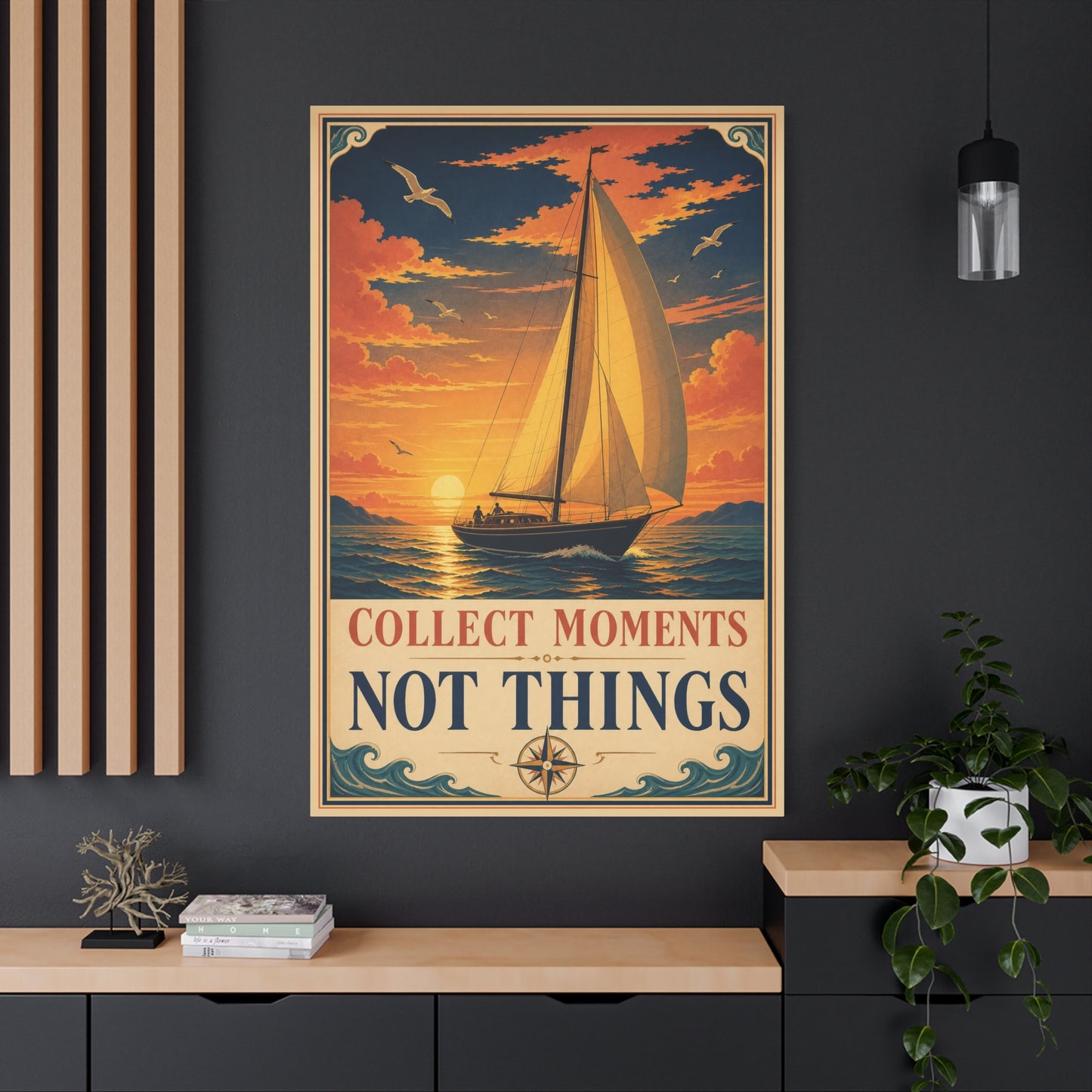 "Collect Moments Not Things" Sailboat Canvas Wall Art - Vintage Nautical Sunset Seascape, Inspirational Ocean Poster Style - Coastal Living Room Wall Decor, Bedroom Home Decoration - Ready to Hang