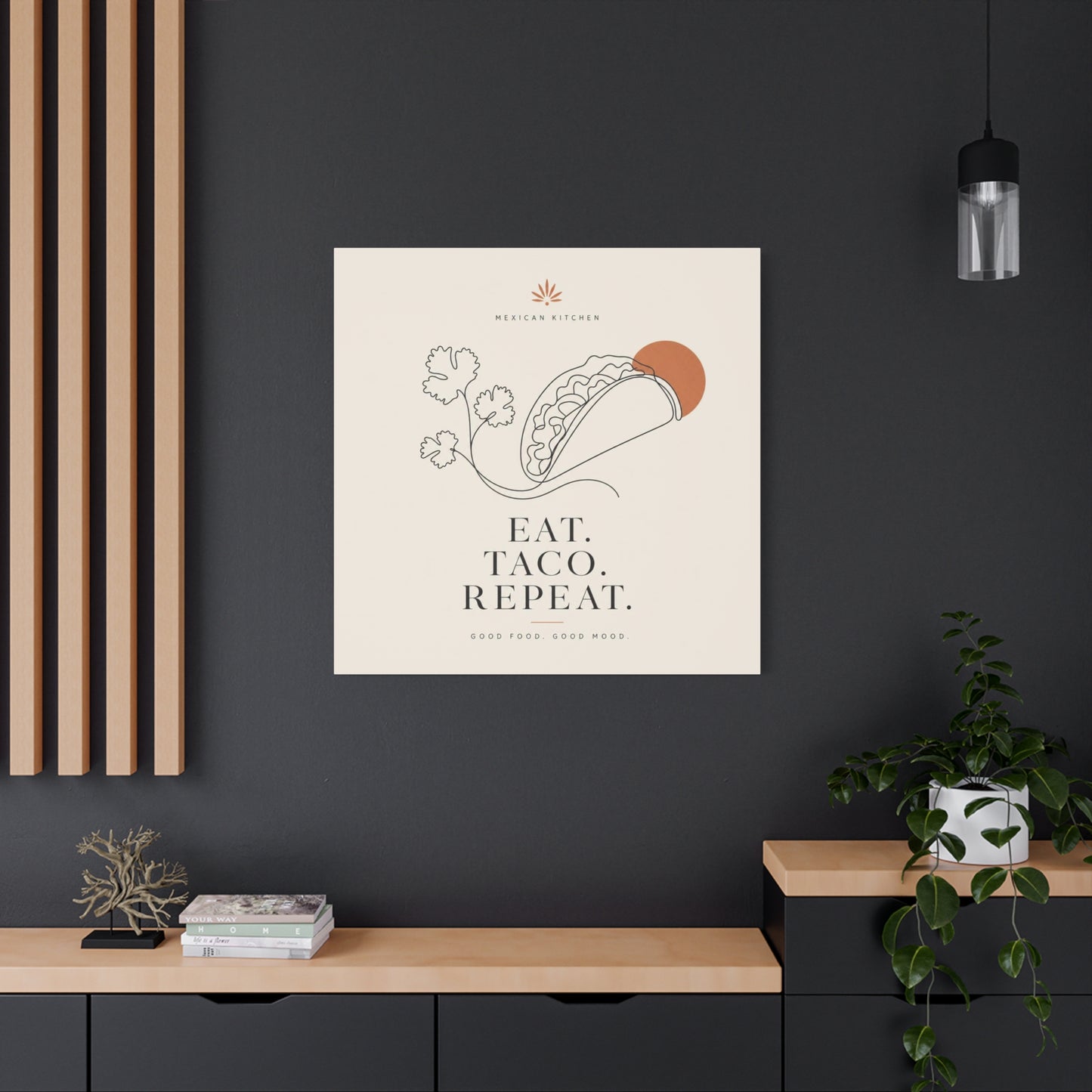 "Eat. Taco. Repeat." Mexican Kitchen Canvas Wall Art - Minimalist Taco Line Illustration, Terracotta Sun, Typography Print - Modern Kitchen Decor, Cafe Wall Decor, Dining Room Accent - Ready to Hang
