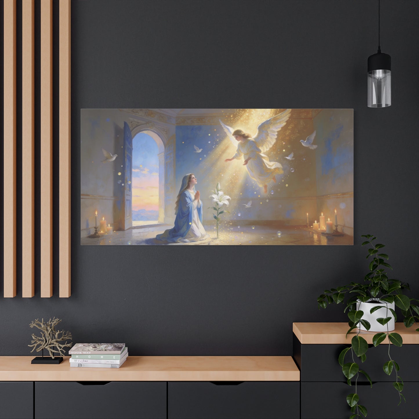 Virgin Mary Angel Canvas Wall Art - Annunciation Religious Print, White Lily, Doves, Golden Light - Traditional Matte Canvas - Bedroom Christian Wall Decor, Meditation Space - Bedroom Home Decoration