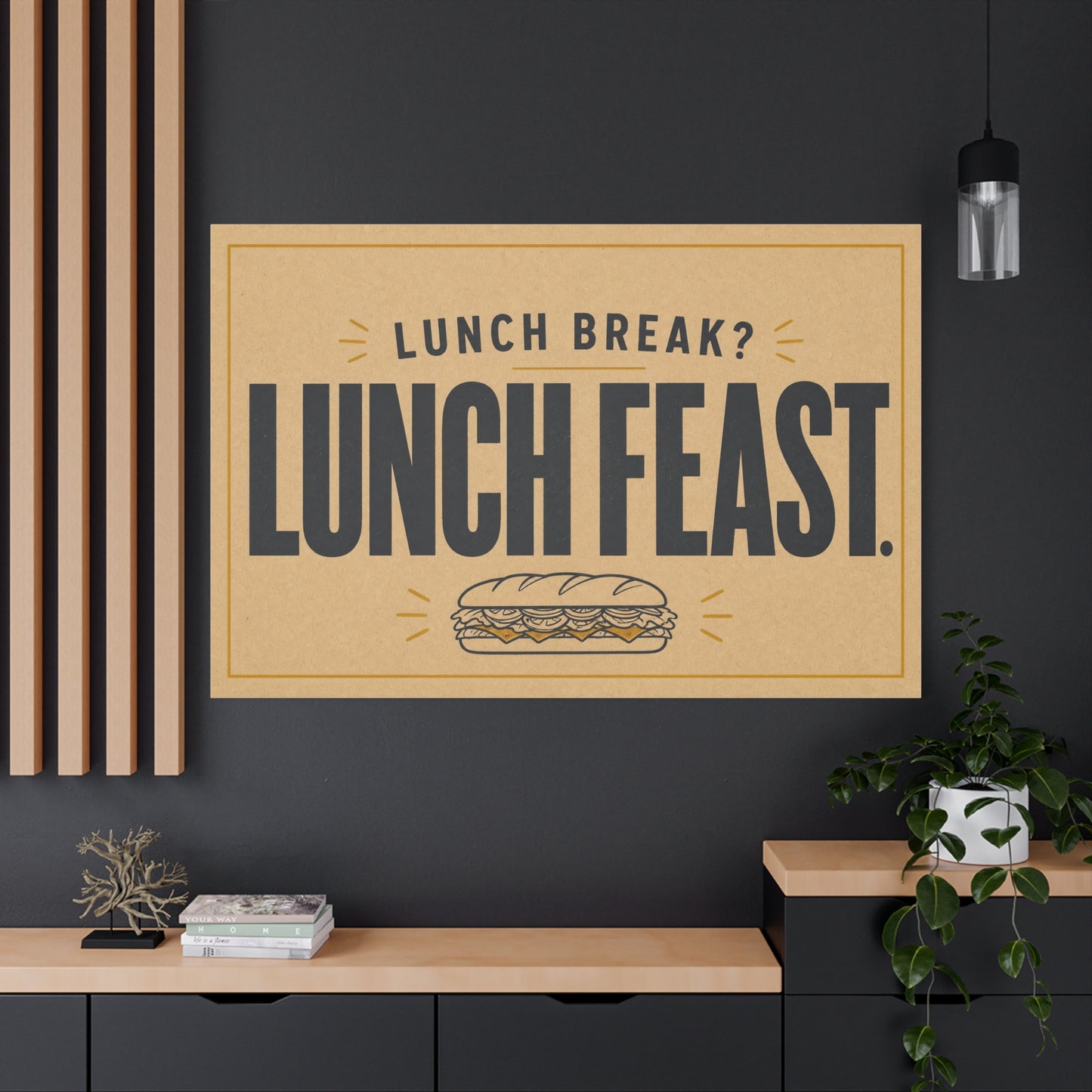 "Lunch Break Lunch Feast." Typography Canvas Wall Art - Vintage Humor Decor - Retro Deli Sandwich Illustration - Farmhouse Accent - Office Breakroom Wall Hanging - Ready to Hang - Sandwich Shop Sign