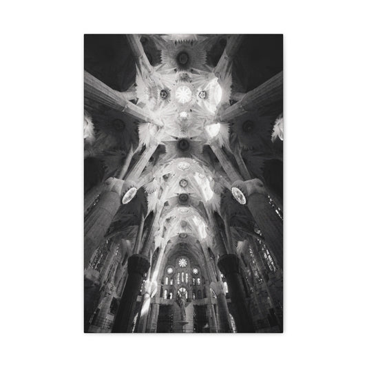 Sagrada Familia Cathedral Interior Canvas Wall Art - Black And White Architectural Art Print, Gothic Ceiling Columns, Contemporary Wall Decor For Living Room Office - Bedroom Home Decoration