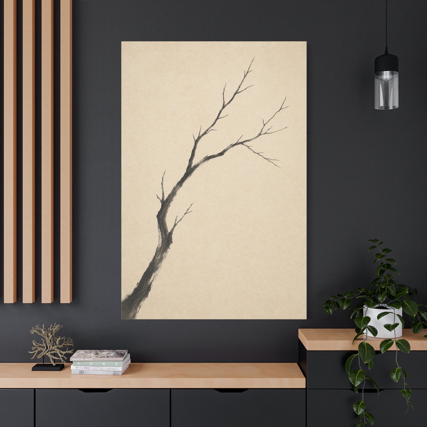 Minimalist Bare Tree Branch Canvas Wall Art - Neutral Ink Wash Botanical Print - Japanese Zen Style - Beige Black Contemporary Wall Decor For Bedroom Living Room Office Entryway - Ready to Hang