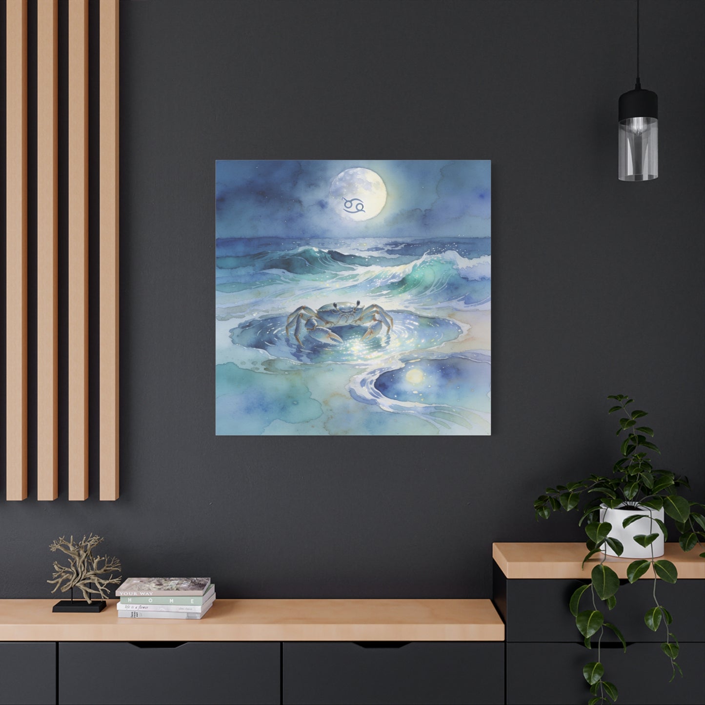 Cancer Zodiac Canvas Wall Art - Moonlit Ocean Crab Watercolor Print, Coastal Astrology Decor - Serene Blue Seascape - Bedroom Wall Decor, Meditation Space Accent, Bohemian Style - Ready to Hang