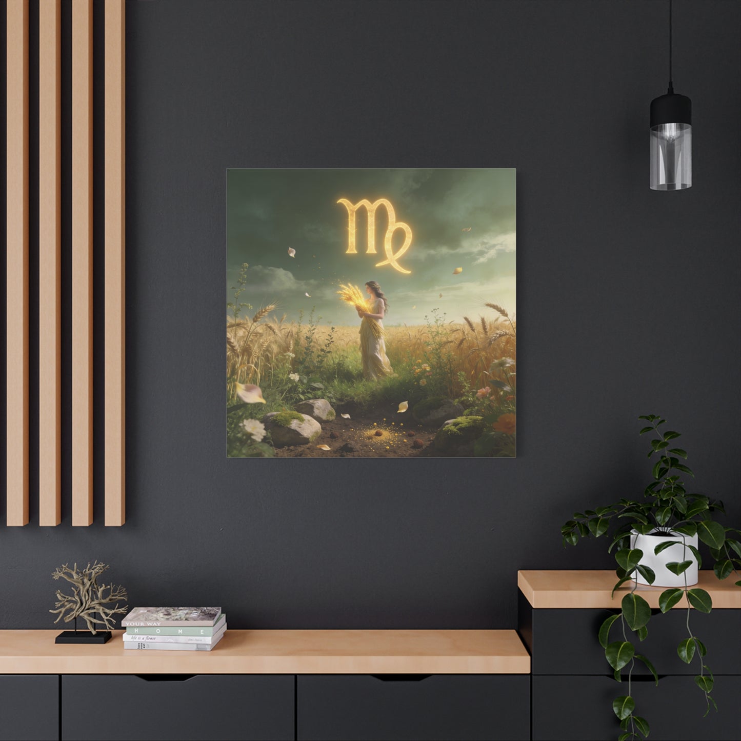 Virgo Zodiac Canvas Wall Art - Glowing Virgo Symbol, Woman In Wheat Field - Mystical Celestial Illustration, Matte Canvas Print - Bedroom Wall Decor, Meditation Space Accent - Bedroom Home Decoration