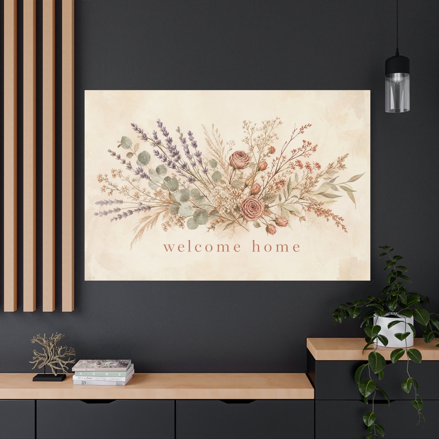 "Welcome Home" Floral Canvas Wall Art - Rustic Botanical Bouquet, Lavender Rose Eucalyptus Print - Farmhouse Wall Decor, Entryway Home Decoration - Ready to Hang - Modern Farmhouse Style