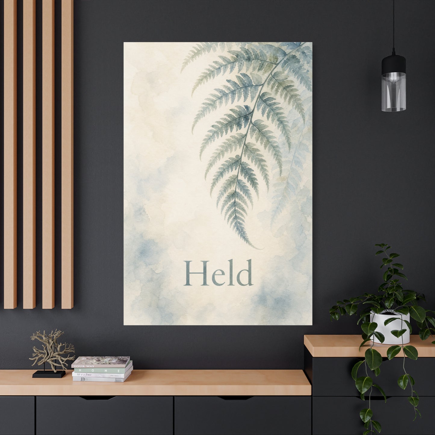 "Held" Fern Botanical Canvas Wall Art - Watercolor Leaf Print, Calming Bedroom Wall Decor, Minimalist Blue Green Nature Home Decoration, Meditation Space Accent - Ready to Hang - Cozy Reading Nook Art