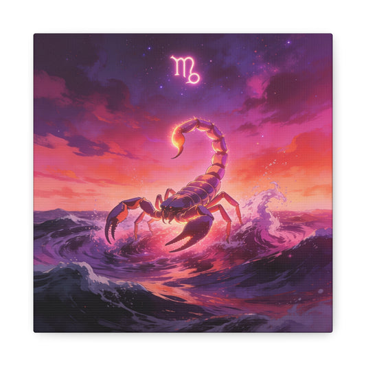 Scorpio Zodiac Canvas Wall Art - Glowing Scorpion Ocean Illustration, Celestial Astrology Print - Matte Cotton Canvas - Modern Fantasy Style - Bedroom Wall Decor, Home Office Accent - Ready to Hang