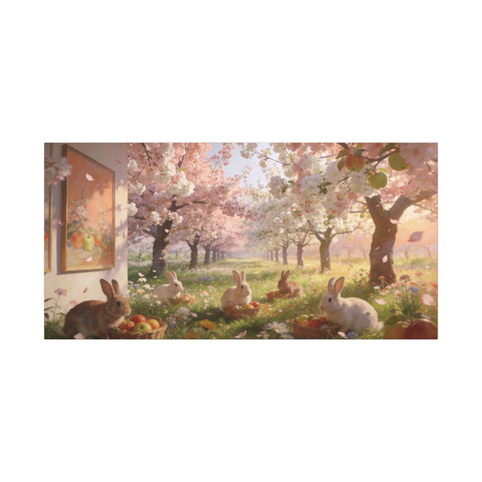 Cherry Blossom Rabbit Canvas Wall Art - Spring Orchard Bunnies, Apple Basket Meadow Scene - Matte Cotton Print, Pastel Floral Style - Bedroom Wall Decor, Nursery Home Decoration - Ready to Hang