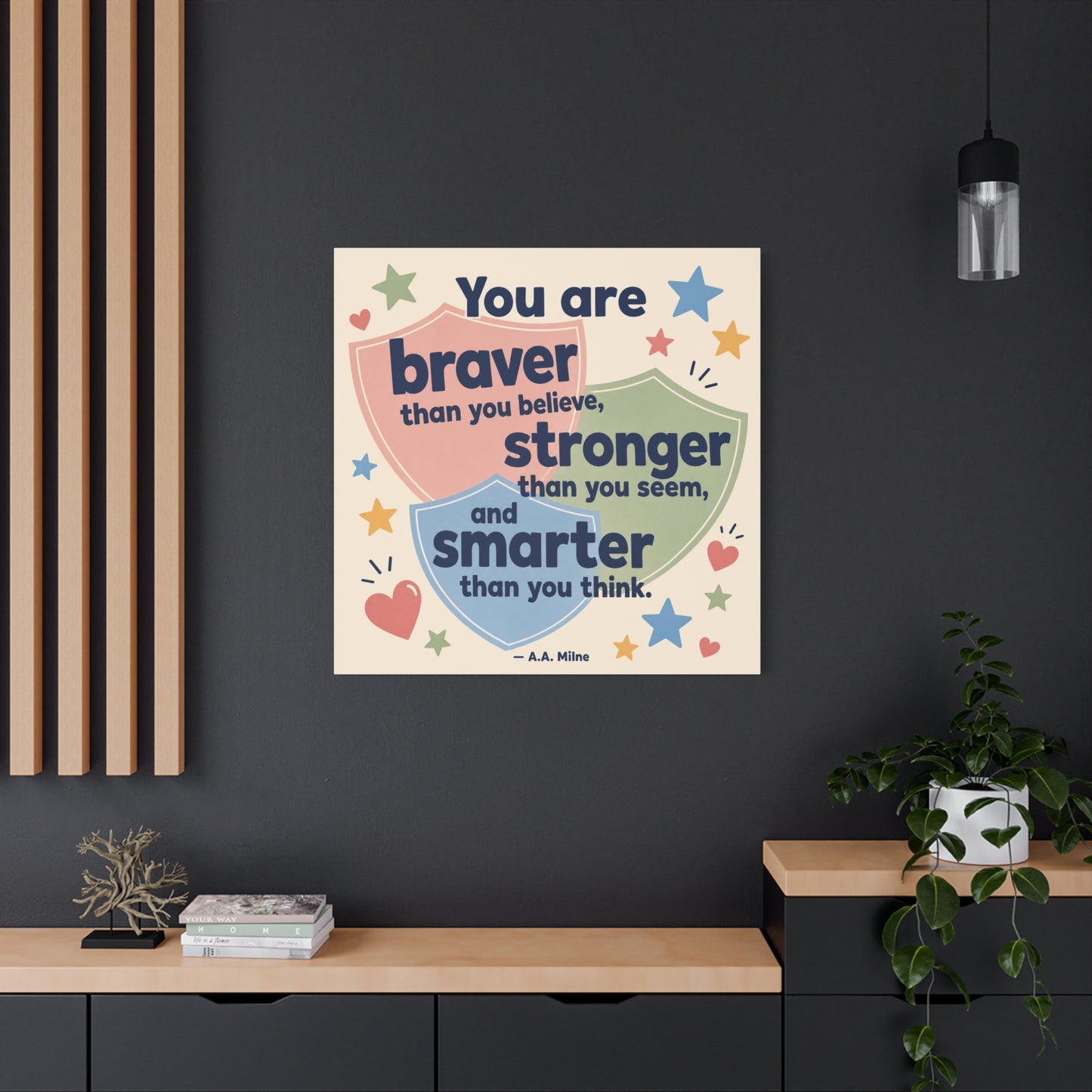 "You Are Braver, Stronger, Smarter" Quote Canvas Wall Art - Kids Inspirational Typography Print, Pastel Shield Stars Hearts Design - Nursery Bedroom Classroom Decor - Office Wall Art - Ready to Hang