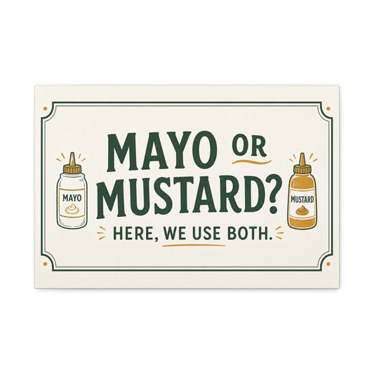 "Mayo Or Mustard Here, We Use Both." Funny Kitchen Canvas Wall Art - Condiment Quote Print, Retro Typography Food Decor, Farmhouse Dining Room Decoration - Living Room Wall Decor - Ready to Hang