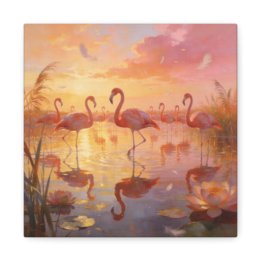Pink Flamingo Canvas Wall Art - Sunset Wetland Birds, Lotus Pond Reflections - Dreamy Tropical Illustration, Matte Canvas Print - Living Room Wall Decor, Bedroom Home Decoration - Ready to Hang