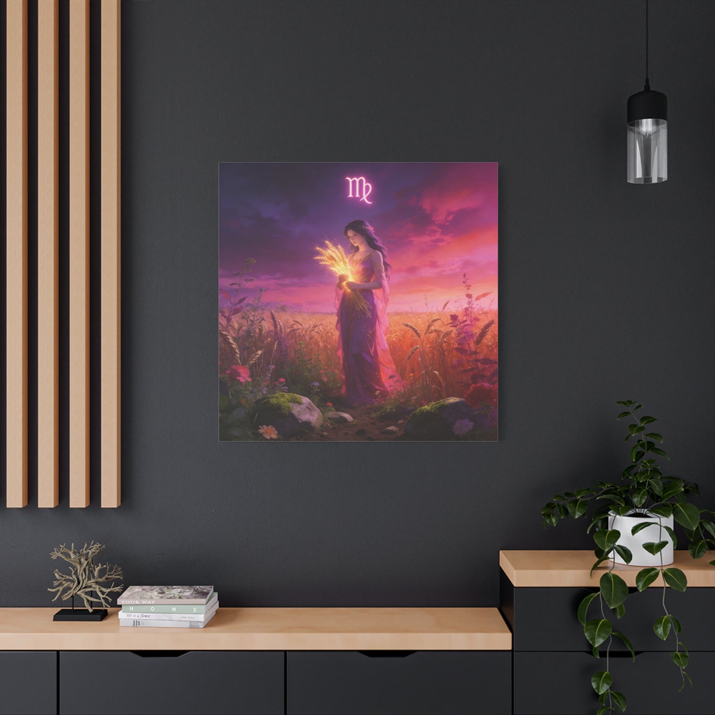 Virgo Zodiac Canvas Wall Art - Maiden Holding Glowing Wheat, Purple Twilight Field - Fantasy Illustration, Matte Canvas Print - Bedroom Wall Decor, Meditation Space Accent - Bedroom Home Decoration