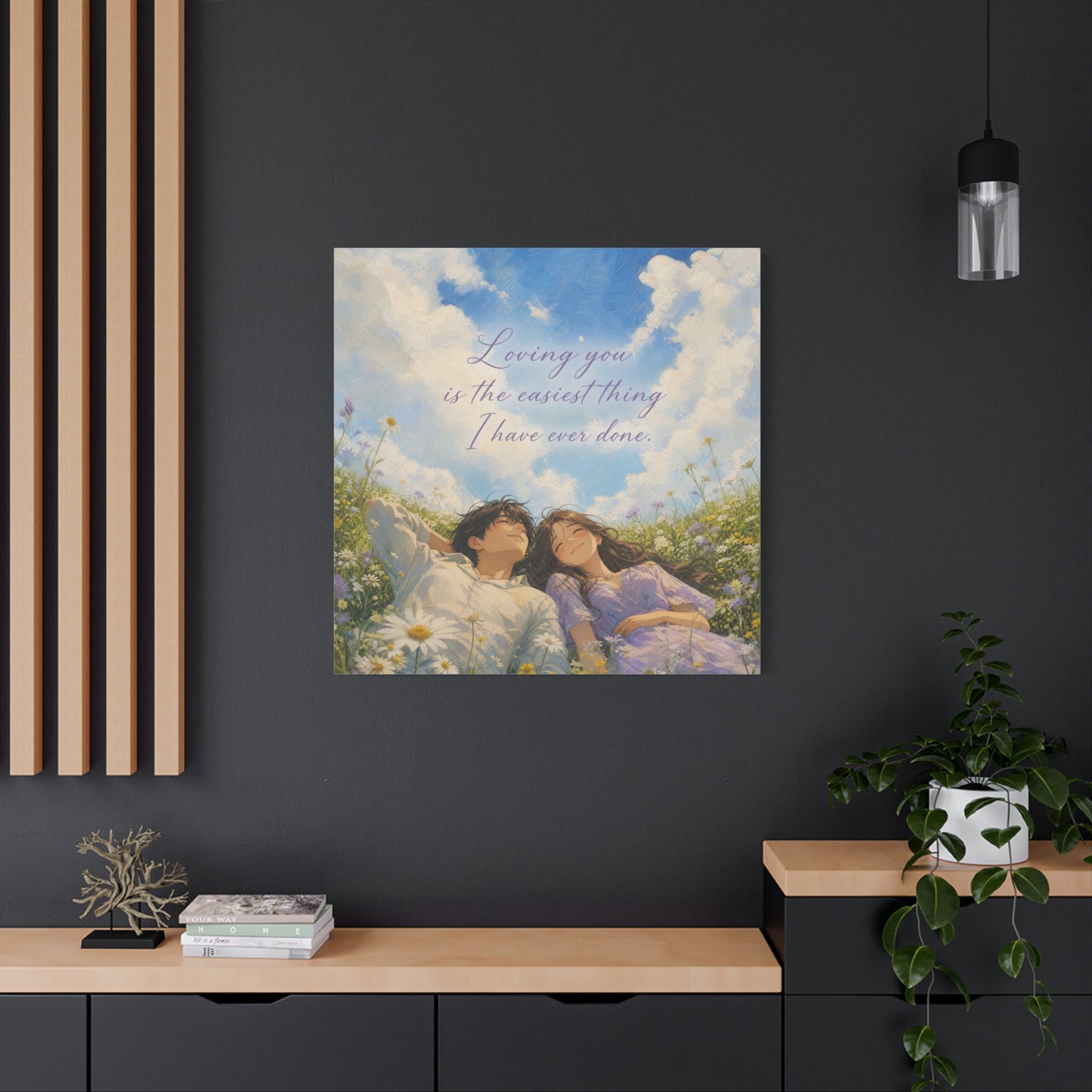 "Loving You Is The Easiest Thing I Have Ever Done." Canvas Wall Art - Romantic Couple In Wildflower Meadow Sky Quote Print - Dreamy Pastel Illustration - Ready to Hang - Living Room Wall Decor
