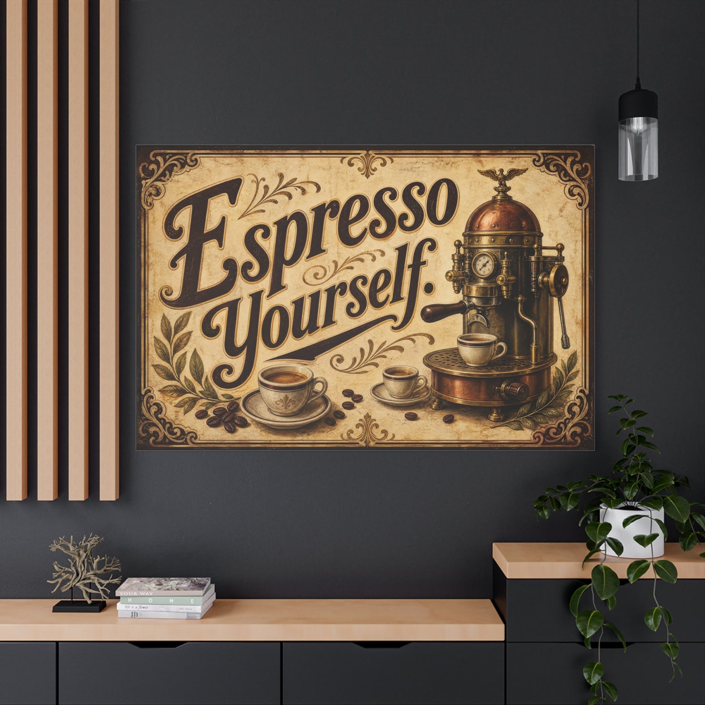 "Espresso Yourself" Coffee Canvas Wall Art - Vintage Espresso Machine Decor - Rustic Cafe Style Matte Print - Ready to Hang - Ready to Hang - Coffee Shop Decor - Cafe Wall Art - Gallery Wrapped Canvas