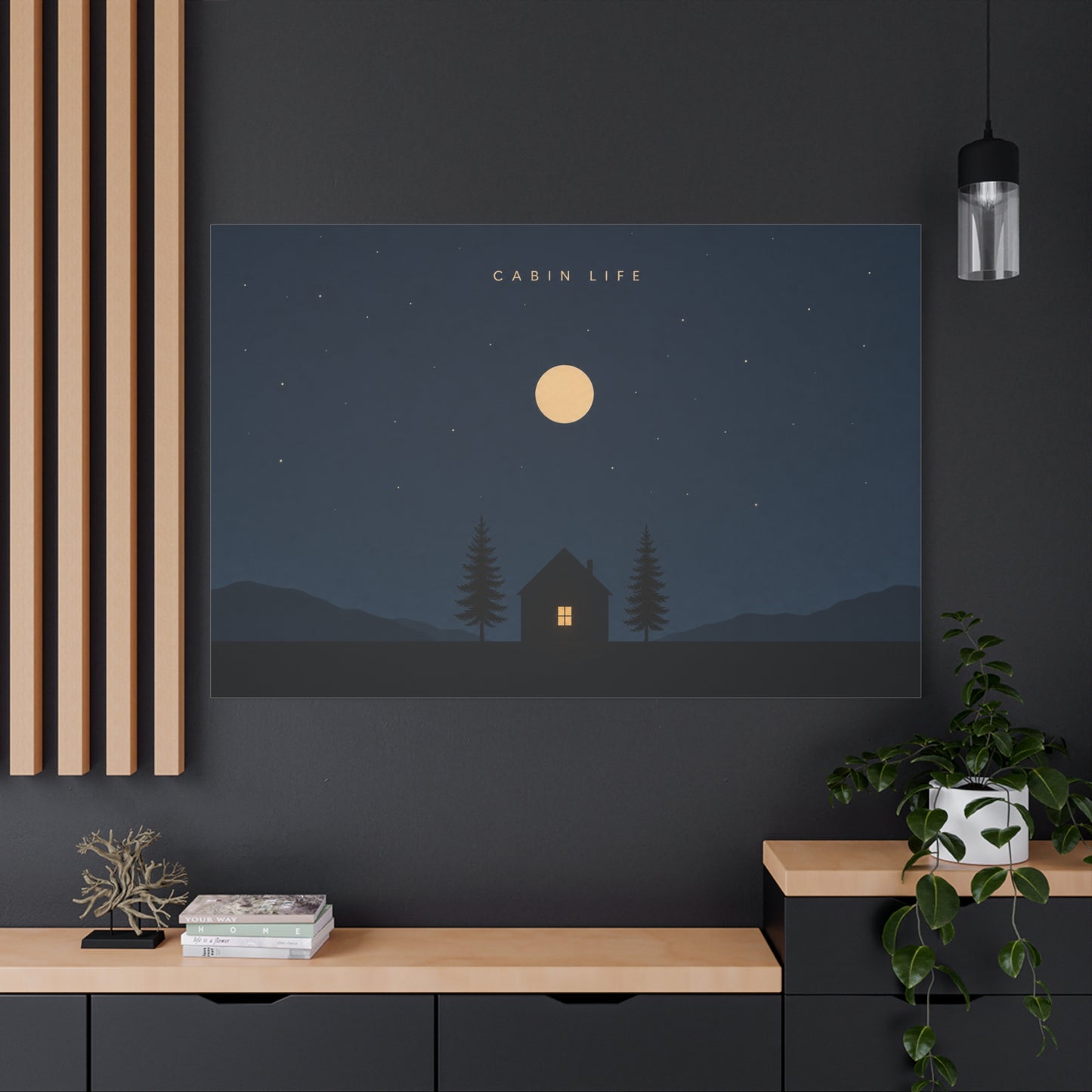 "Cabin Life" Moonlit Forest Canvas Wall Art - Minimalist Night Landscape Print - Rustic Lodge Decor, Bedroom Wall Accent, Living Room Decoration, Mountain Retreat Style - Bedroom Home Decoration