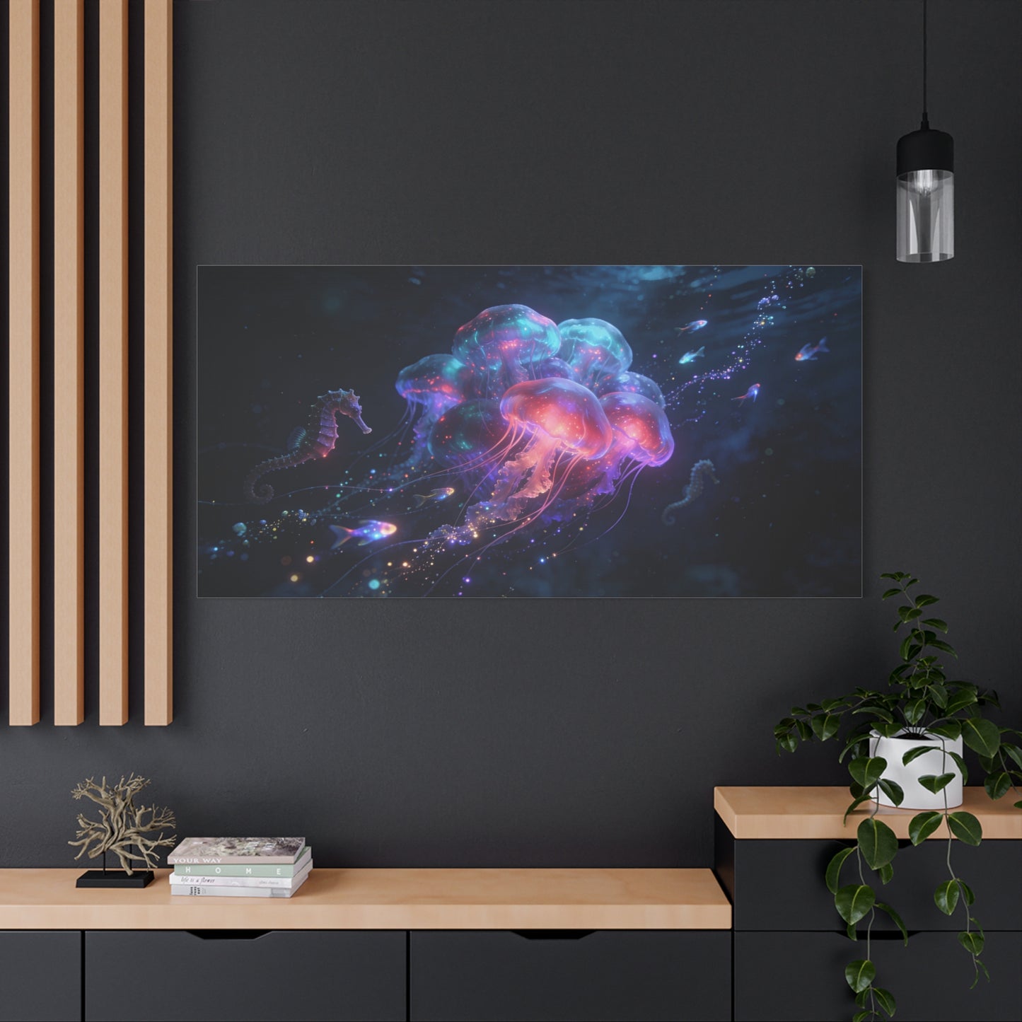 Glowing Jellyfish Canvas Wall Art - Luminous Underwater Sea Life, capiz shells wall decor - Dreamy Ocean Fantasy Cotton Canvas Print - Contemporary Bedroom Living Room Decor - Bedroom Home Decoration
