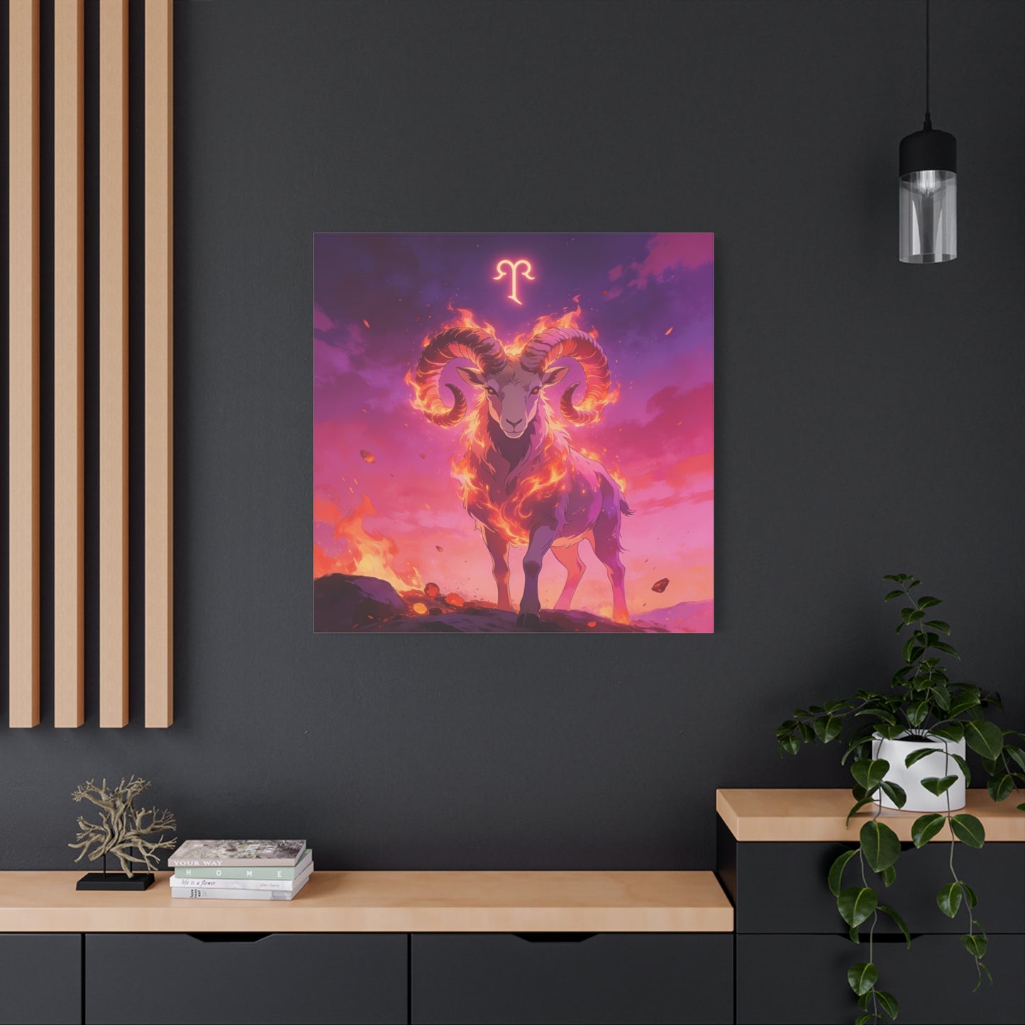 Aries Ram Canvas Wall Art - Fiery Zodiac Illustration, Purple Pink Flame Sky, Matte Canvas Print, Modern Fantasy Style, Bedroom Wall Decor, Home Office Accent, Statement Piece For Astrology Lovers