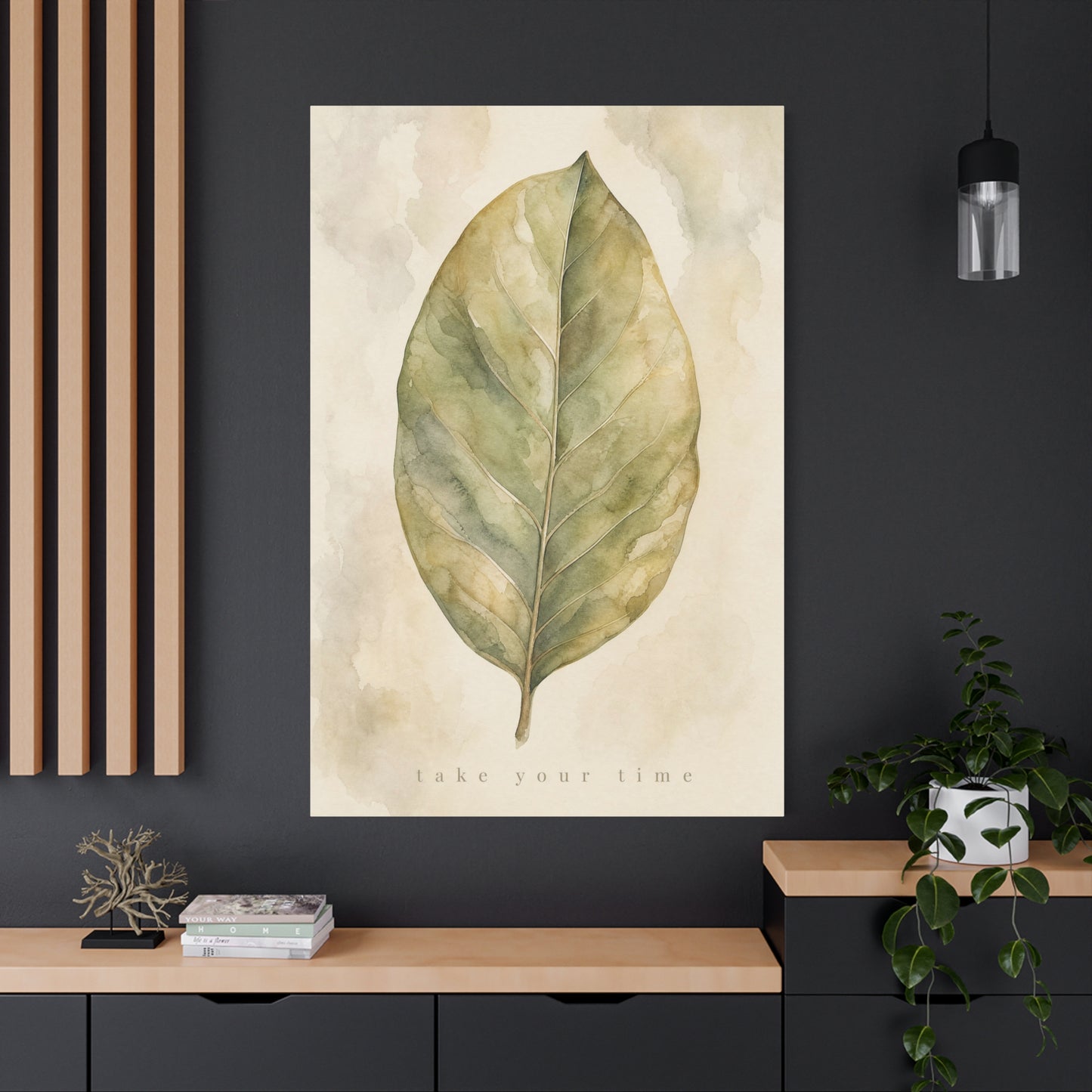 "Take Your Time" Botanical Leaf Canvas Wall Art - Watercolor Sage Green Nature Print - Minimalist Contemporary Decor - Bedroom Living Room Wall Decor - Calming Home Decoration - Modern Farmhouse Style