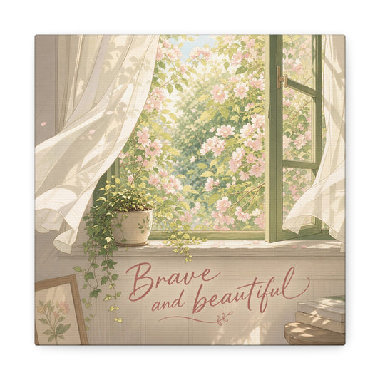 "Brave And Beautiful" Inspirational Canvas Wall Art - Open Window Pink Blossoms, Sheer Curtains, Botanical Quote Print - Soft Vintage Style - Bedroom Wall Decor, Living Room Accent - Ready to Hang