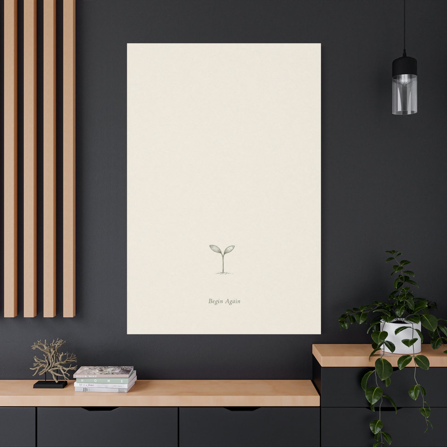 "Begin Again" Minimalist Sprout Canvas Wall Art - Botanical Quote Print, Neutral Beige Cotton Canvas, Modern Calm Bedroom Decor, Living Room Home Decoration, Office Wall Accent - Ready to Hang