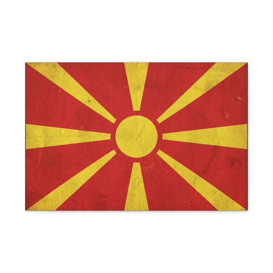 North Macedonia Flag Canvas Wall Art - Vintage Sunburst National Banner Print - Red And Yellow Patriotic Decor - Retro Country Pride Style - Living Room Wall Decor - Bedroom Home Decoration