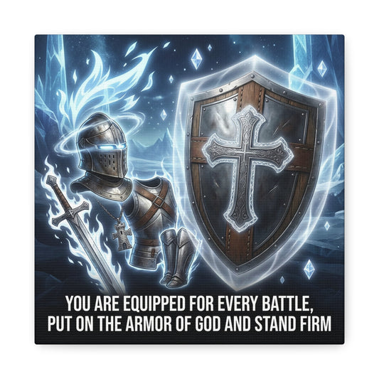 "You Are Equipped For Every Battle, Put On The Armor Of God And Stand Firm" Christian Canvas Wall Art - Knight Armor, Cross Shield, Scripture Decor - Blue Fantasy Style - Living Room - Office Wall Art