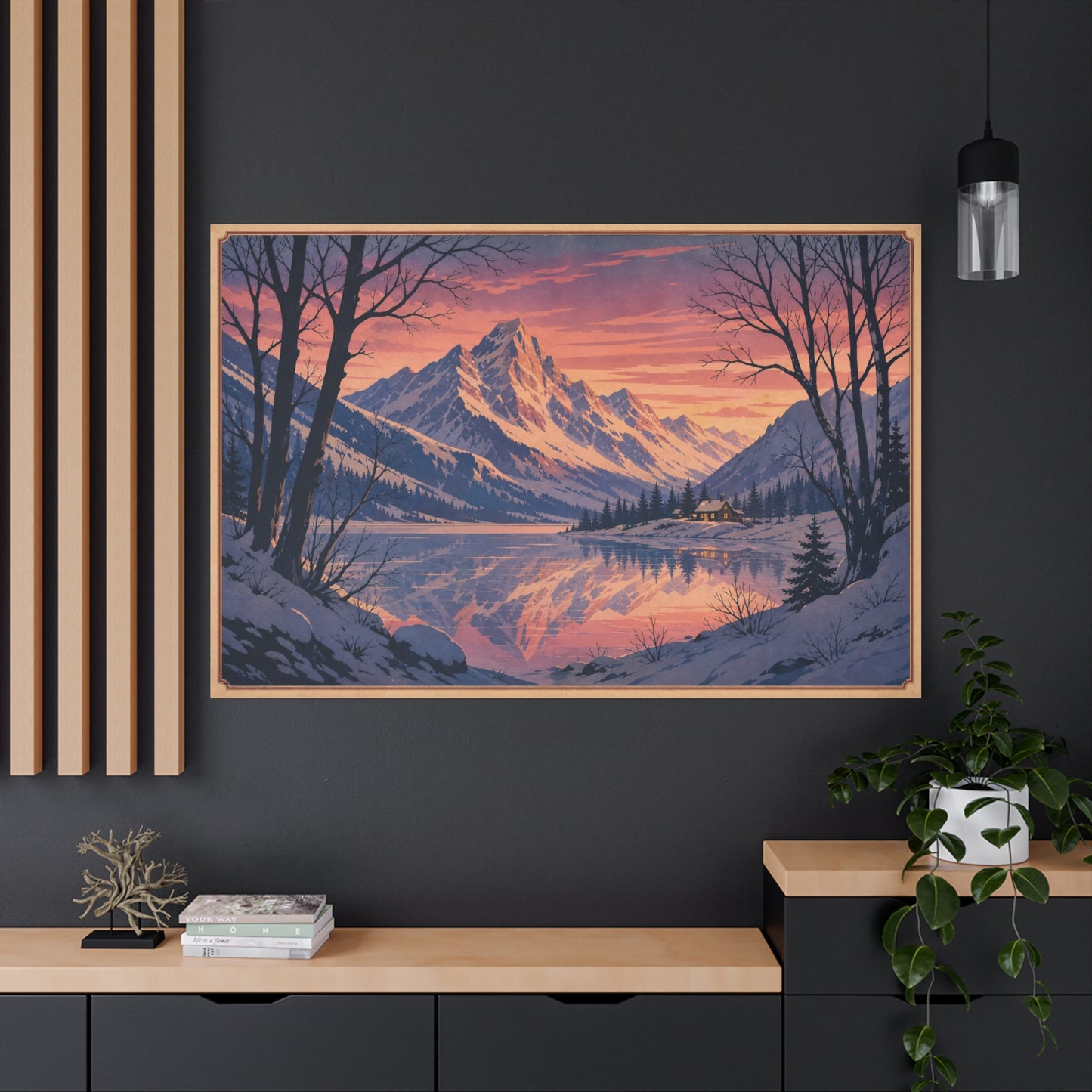 Snowy Mountain Lake Canvas Wall Art - Alpine Sunset Reflection Landscape Print, Rustic Winter Home Decor, Matte Finish Scenic Artwork For Living Room, Bedroom, Cabin Retreat - Living Room Wall Decor