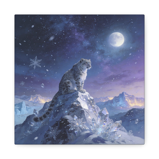 Snow Leopard Canvas Wall Art - Moonlit Arctic Crystal Landscape, Fantasy Wildlife Print - Matte Cotton Canvas - Contemporary Winter Style - Living Room Wall Decor Bedroom Home Decoration