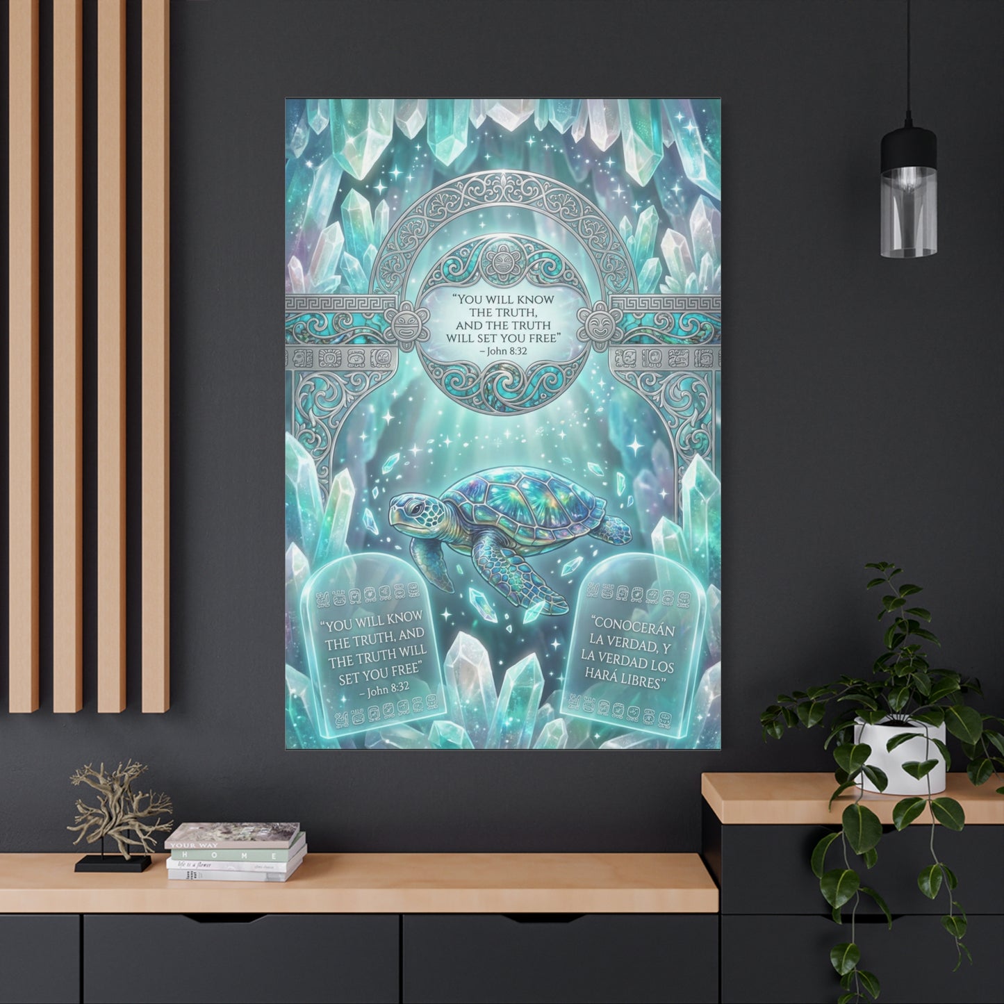"You Will Know The Truth, And The Truth Will Set You Free" Sea Turtle Canvas Wall Art - John 8:32 Scripture Decor, Crystal Ocean Fantasy Style, Bedroom Wall Hanging, Meditation Space - Ready to Hang
