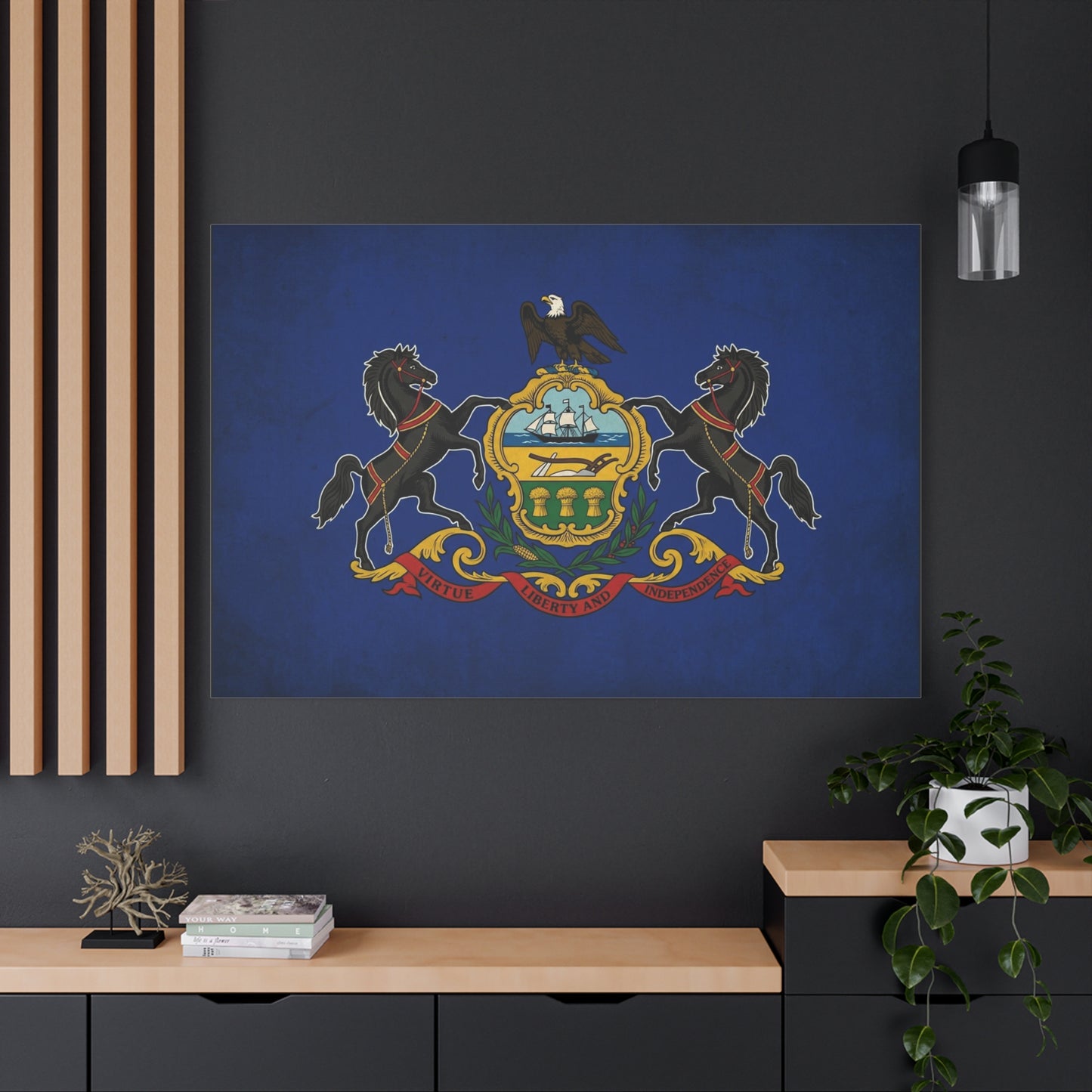 Pennsylvania State Flag Canvas Wall Art - Virtue Liberty And Independence Crest Print - Blue Keystone Commonwealth Decor - Vintage Heraldic Style - Living Room Home Decoration - Living Room Wall Decor