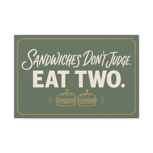 "Sandwiches Don't Judge. Eat Two." Funny Canvas Wall Art - Retro Typography Food Quote Print, Sage Green - Modern Farmhouse Style - Deli Wall Decor - Sandwich Shop Sign - Diner Decor - Ready to Hang