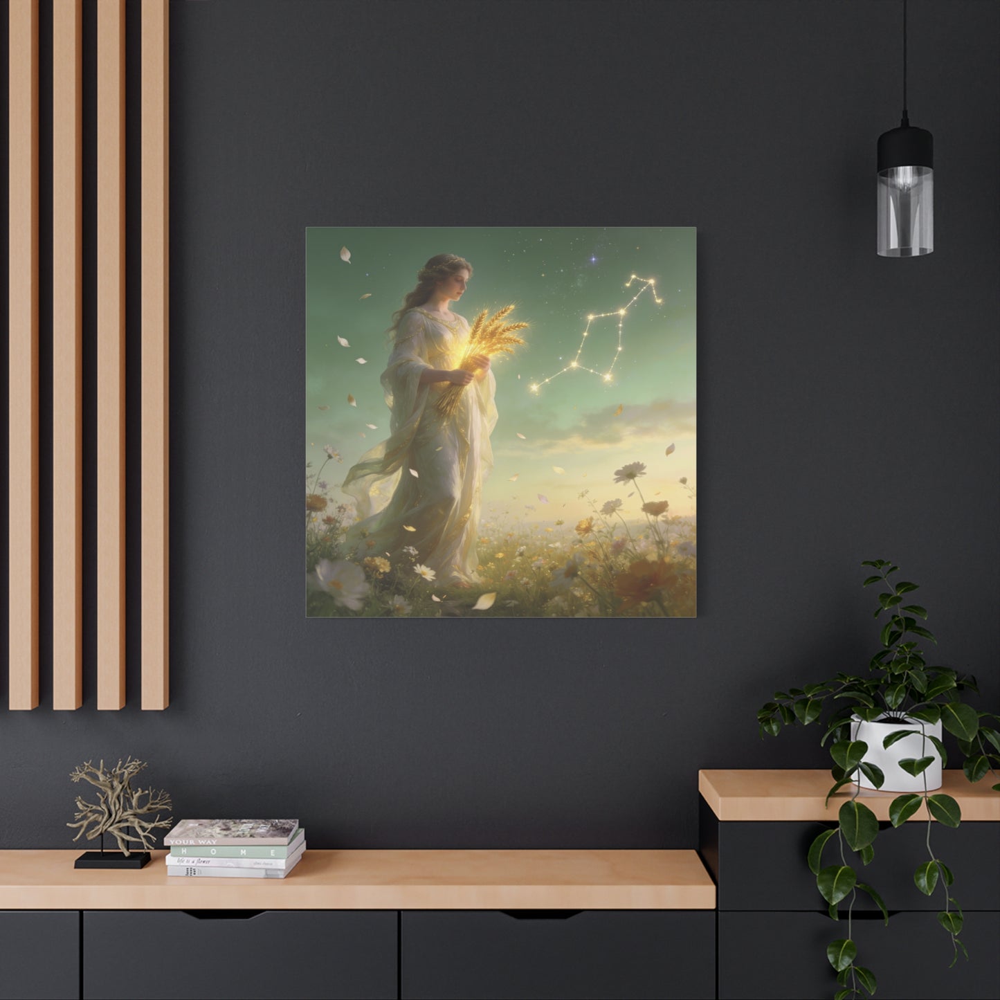 Virgo Maiden Canvas Wall Art - Celestial Wheat Goddess Illustration, Luminous Zodiac Sky, Matte Cotton Print, Bohemian Bedroom Decor, Meditation Space Accent, Ready To Hang - Living Room Wall Decor
