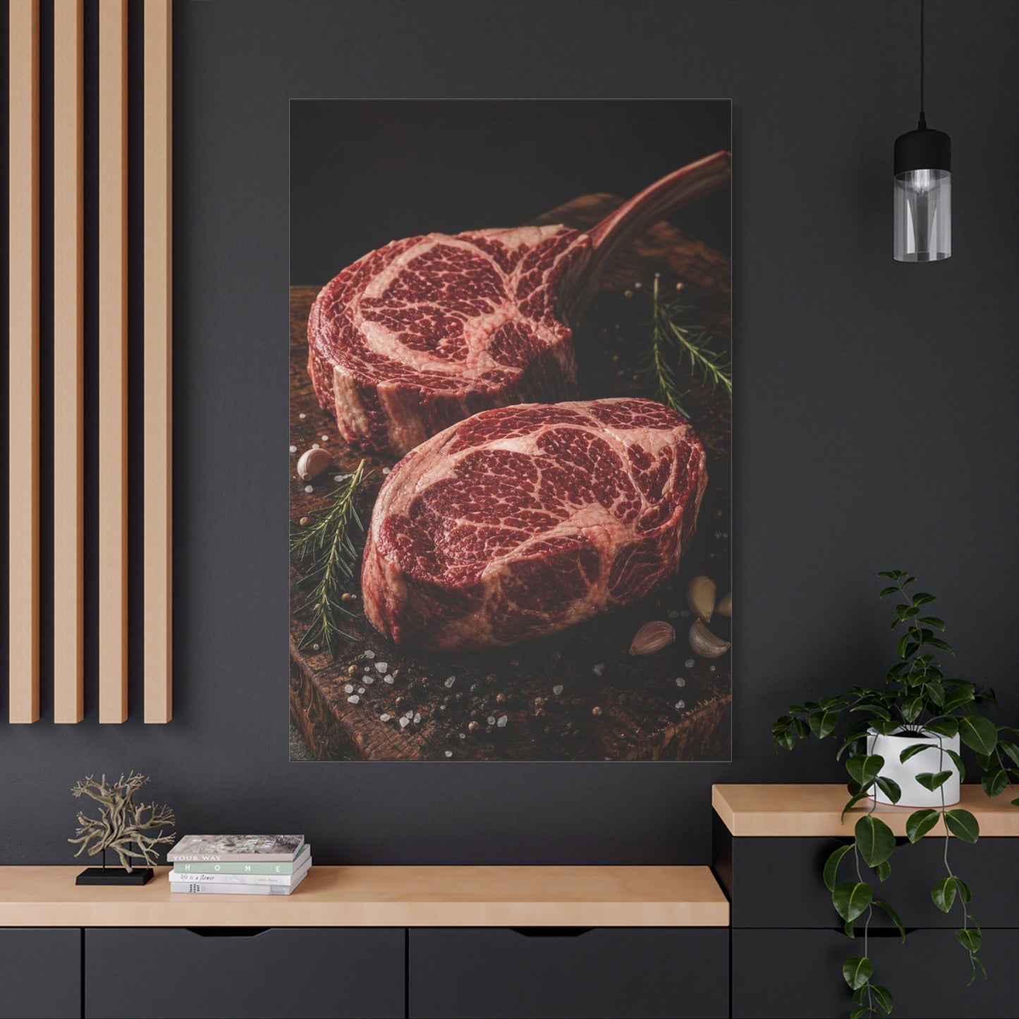 Raw Ribeye Steak Canvas Wall Art - Rustic Food Art Print, Butcherhouse Kitchen Decor, Cotton Art Print, Moody Culinary Still Life - Dining Room Accent, Restaurant Wall Decor - Modern Farmhouse Style