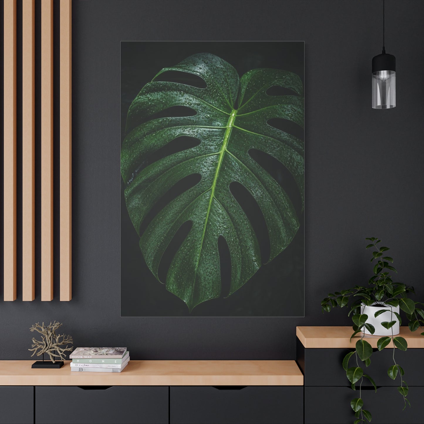 Monstera Leaf Canvas Wall Art - Botanical Art Print, Dark Green Tropical Foliage Print - Matte Cotton Canvas - Contemporary Minimalist Style - Living Room Wall Decor, Bedroom Home Accent