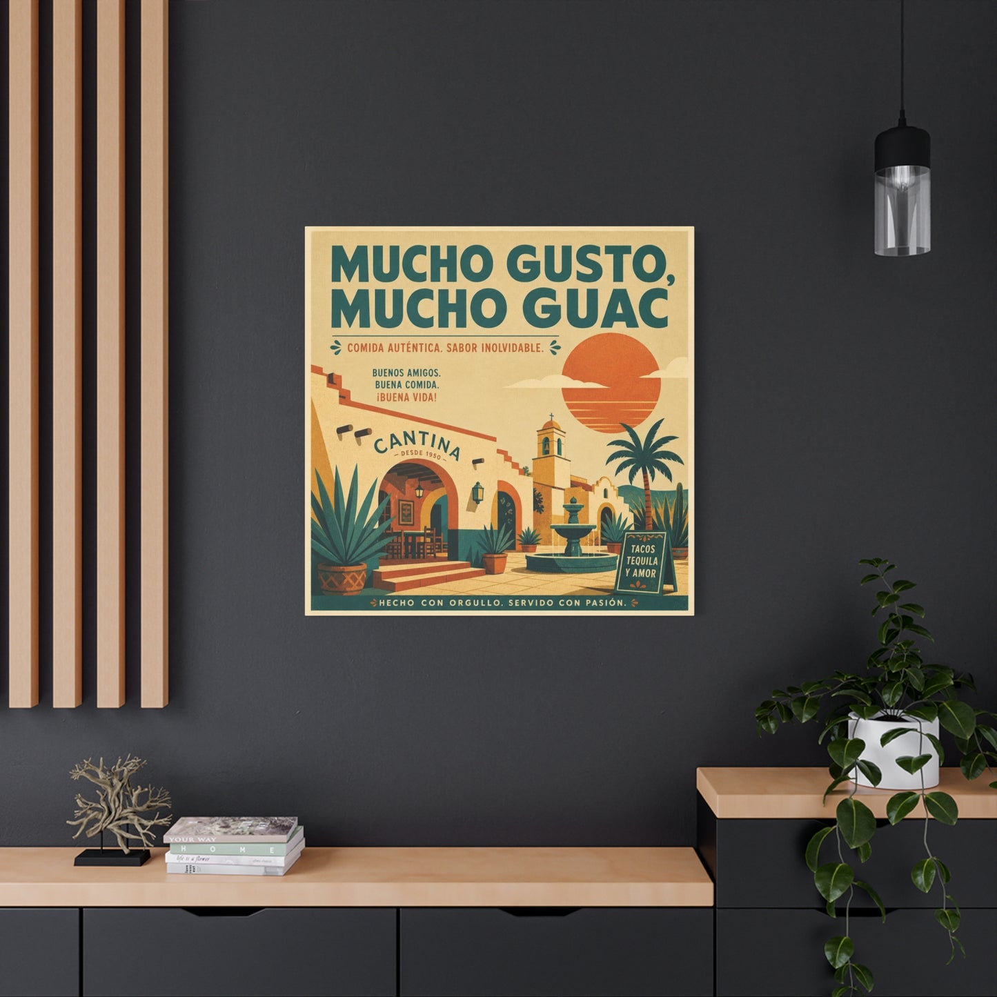 "Mucho Gusto, Mucho Guac" Cantina Canvas Wall Art - Mexican Restaurant Typography Print, Vintage Desert Courtyard Illustration, Cafe Wall Decor, Tequila Bar Sign, Workspace Accent - Ready to Hang