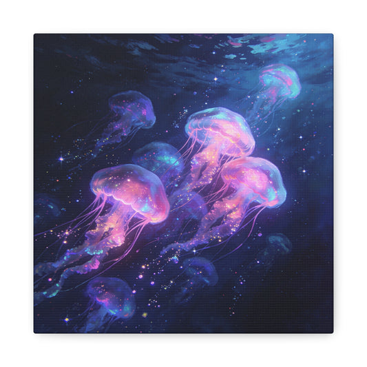 Glowing Jellyfish Canvas Wall Art - Ocean Fantasy Sea Life Decor, Luminous Pink Blue Artwork - Matte Canvas Print, Contemporary Style - Bedroom Wall Decor, Meditation Space Accent - Ready to Hang