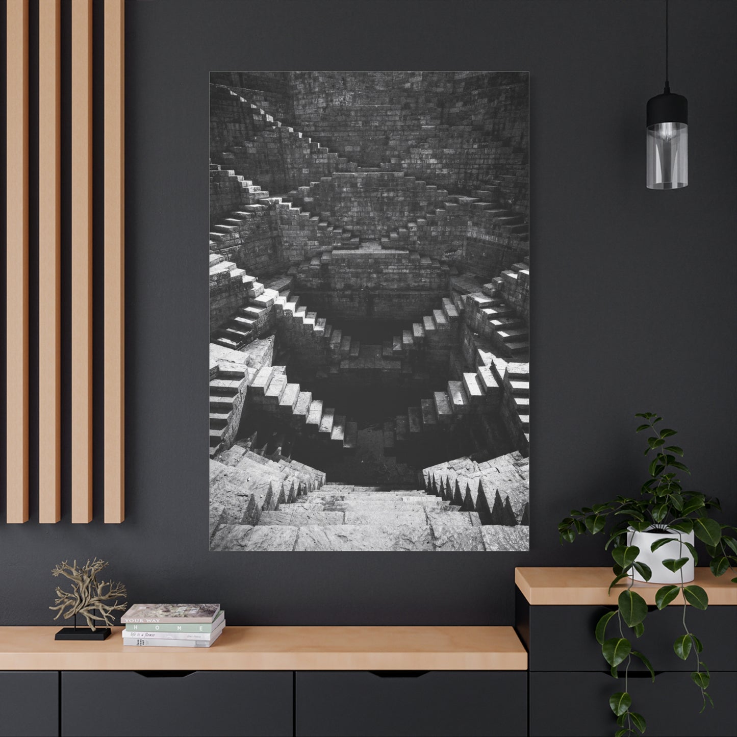 Black And White Stepwell Canvas Wall Art - Architectural Staircase Art Print, Moody Monochrome Stone Geometry - Contemporary Wall Decor For Living Room, Office, Entryway - Ready to Hang