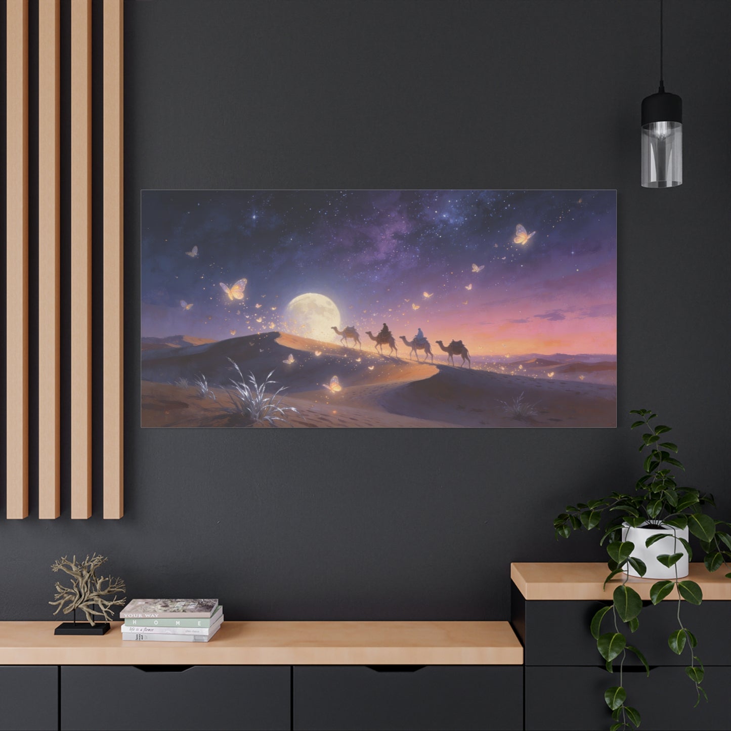Moonlit Desert Camel Caravan Canvas Wall Art - Starry Night Butterflies, Dreamy Landscape Print - Ethereal Contemporary Style - Living Room Wall Decor, Bedroom Home Decoration - Modern Farmhouse Style