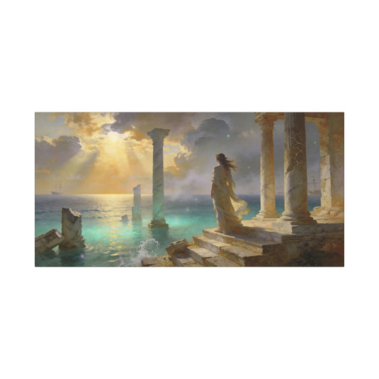 Seaside Ruins Canvas Wall Art - Woman In Flowing Gown, Sunbeams Over Ancient Columns - Luminous Coastal Painting - Living Room Wall Decor, Bedroom Home Decoration, Office Art - Bedroom Home Decoration