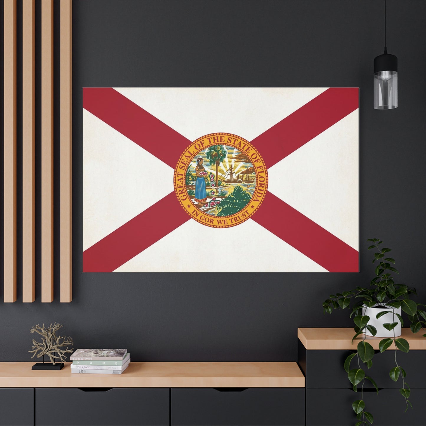 "Great Seal Of The State Of Florida In God We Trust" Florida Flag Canvas Wall Art - Vintage State Pride Decor, Red White Banner Print, Living Room Home Decoration - Office Wall Art - Ready to Hang
