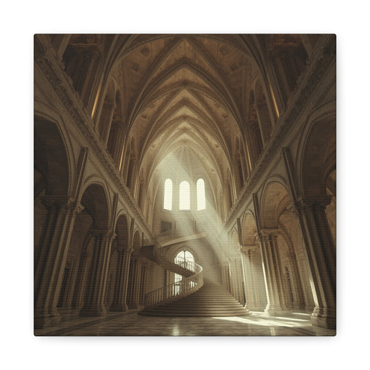 Gothic Cathedral Interior Canvas Wall Art - Sunlit Spiral Staircase, Religious Architecture Print - Matte Cotton Canvas - Traditional Style - Living Room Wall Decor, Office Art - Ready to Hang
